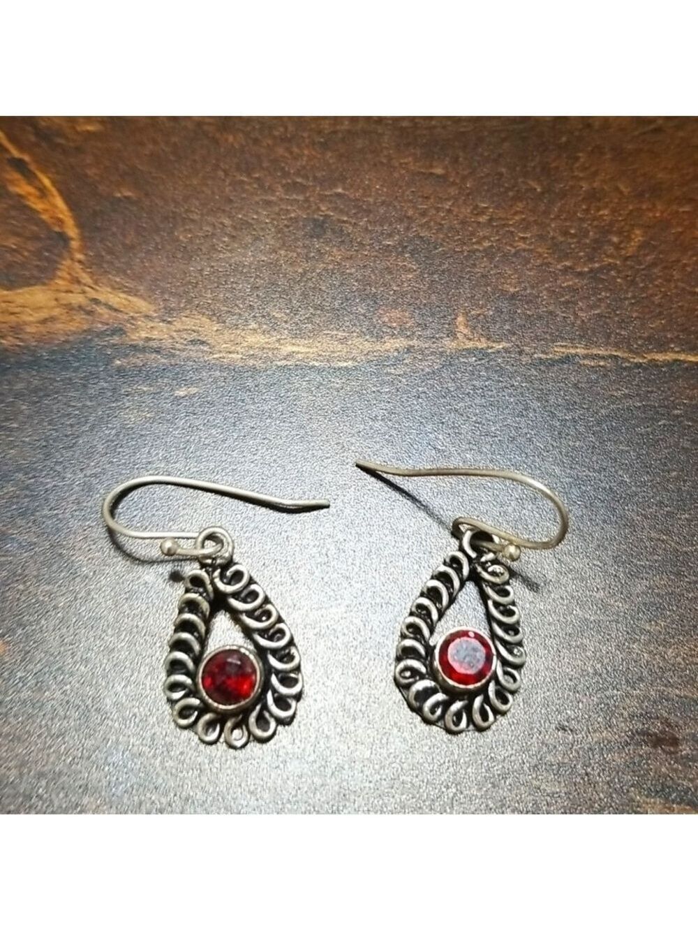 Hand made silver earrings with lab created rubies. - Picture 2 of 4